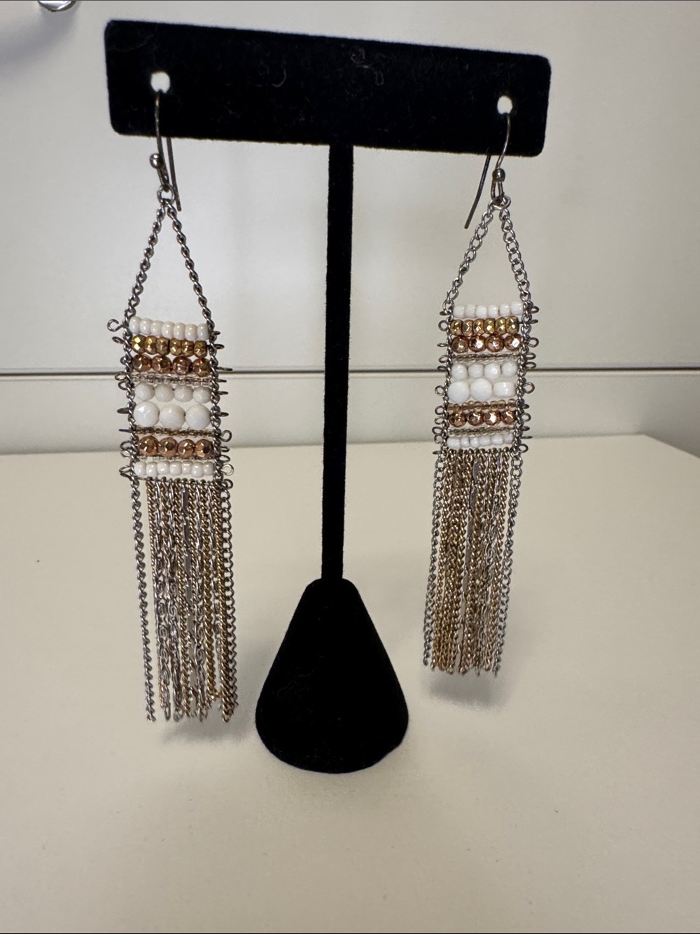 Stella & Dot Silver & Gold Fringe Earrings with White and Gold Beads